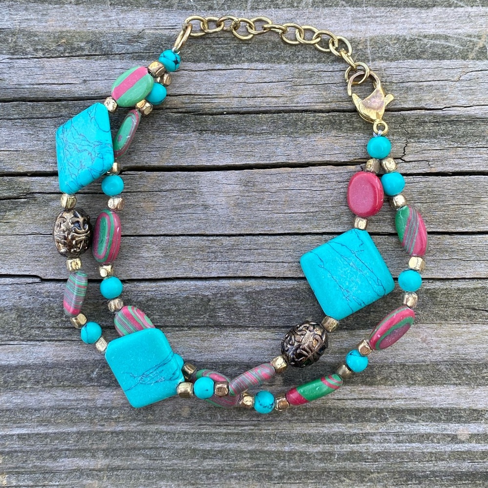 Turquoise beaded double strand bracelet bronze tone Canyon Sky genuine stone